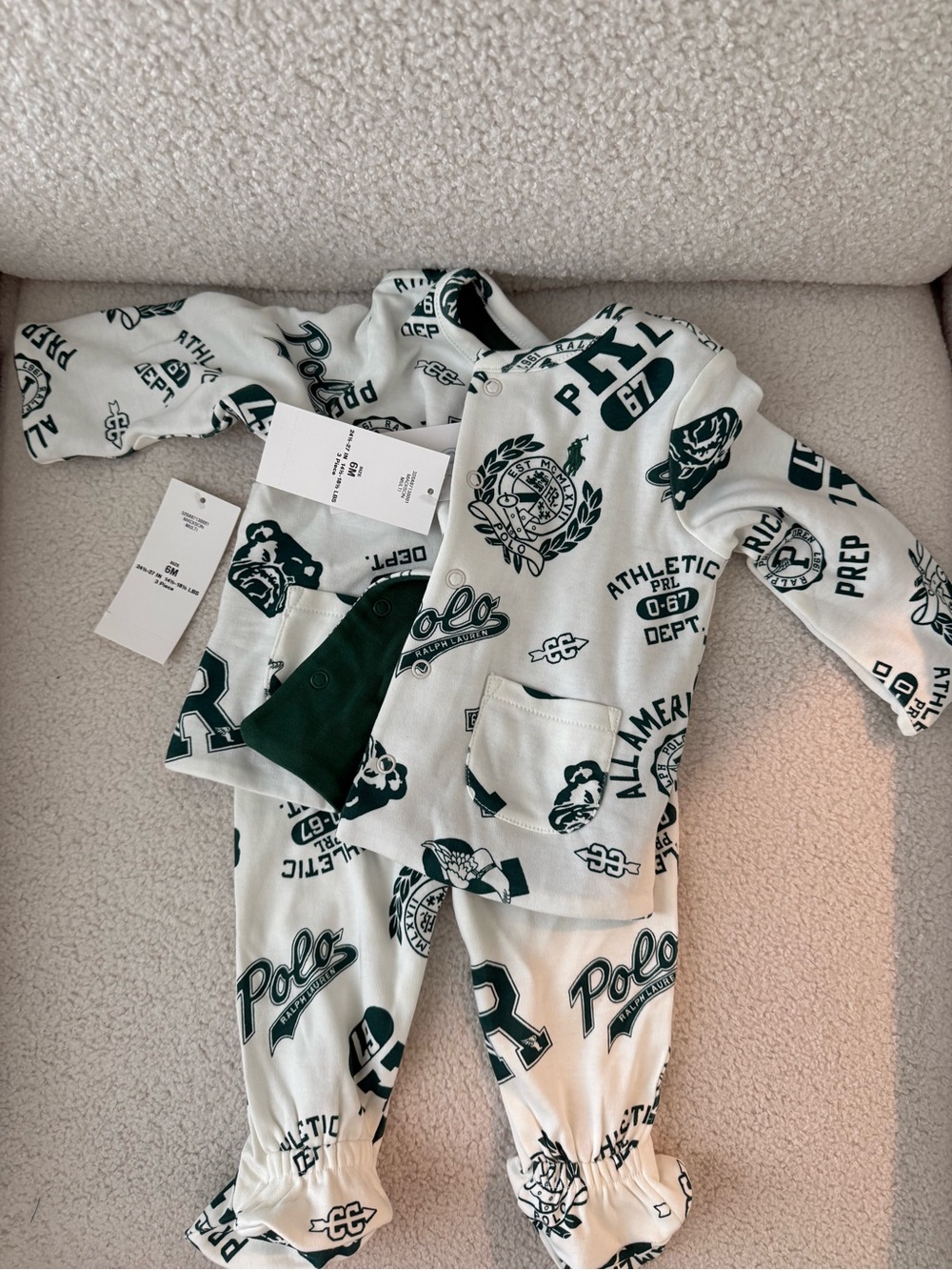 Ralph Lauren White and Dark Green Logo Kids Pajama Set